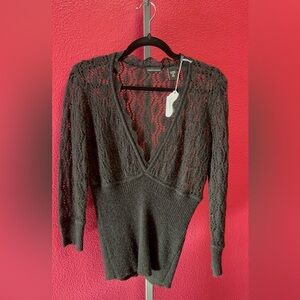 Moda International Black Lace Knit V-Neck Sweater Top